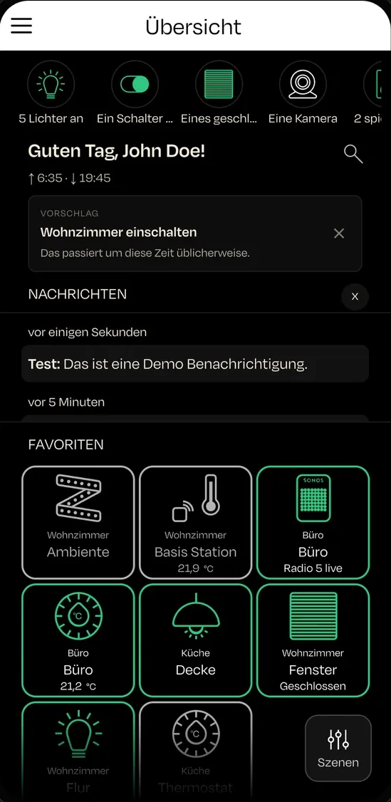 nomos App auf dem Smartphone: Übersicht mit Favoriten und Nachrichten
