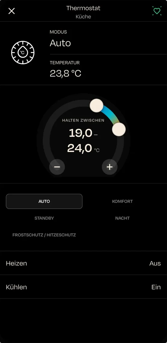 nomos App auf dem Smartphone: Thermostat und Klima