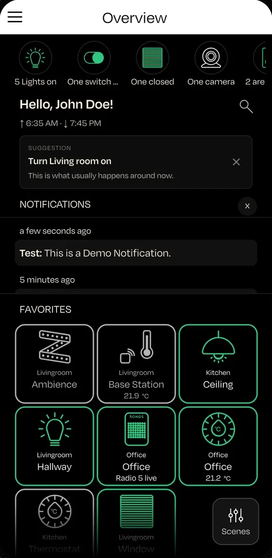 nomos app on a smartphone: overview with favourites and notifications