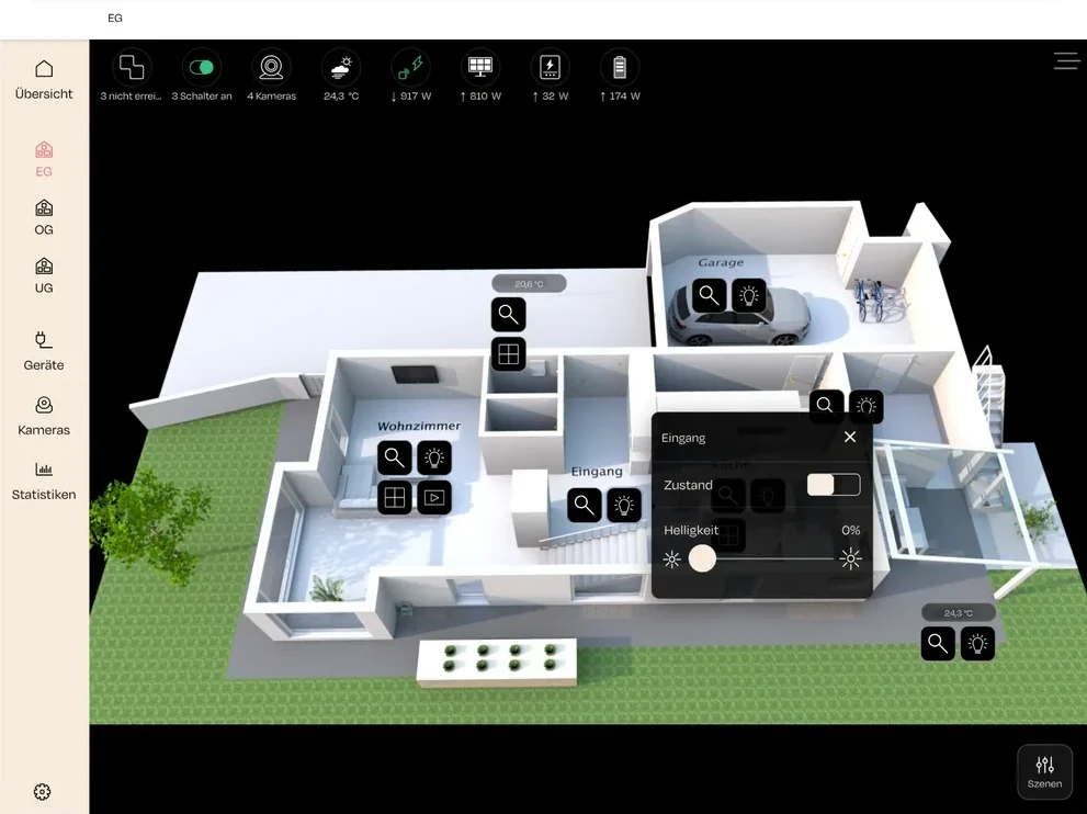 nomos App auf dem Tablet: 3D-Grundriss mit Gerätesteuerung