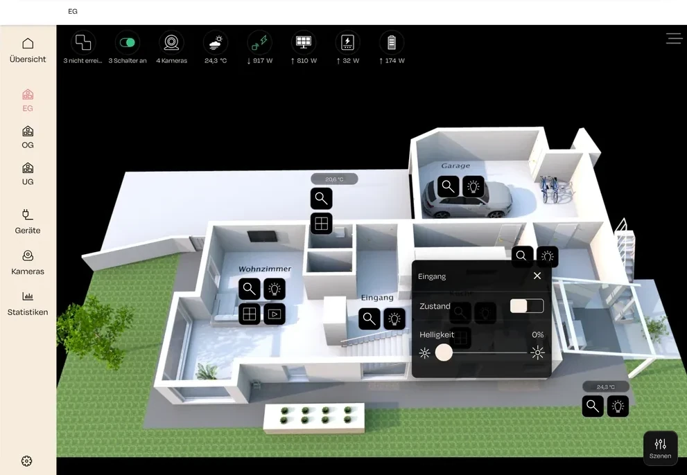 nomos App auf dem Tablet: Grundriss-Visualisierung mit Licht-, Rollladen- und Mediensteuerung