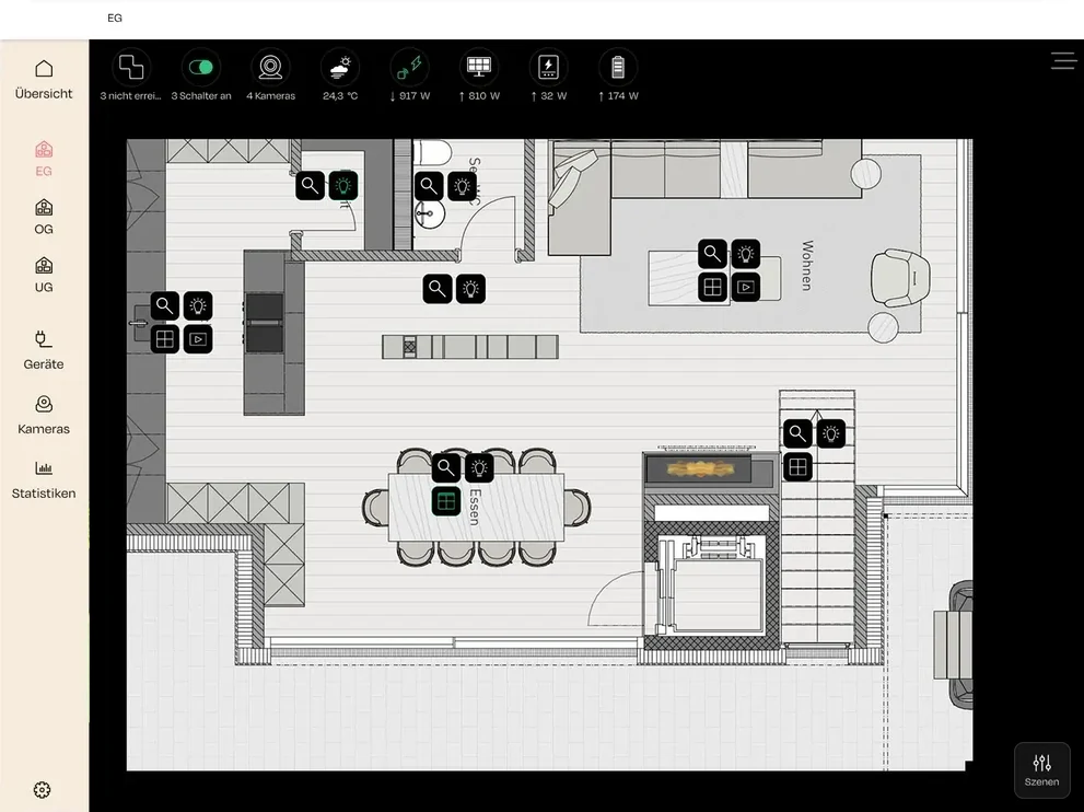 nomos App auf dem Tablet: Grundriss-Visualisierung mit Licht-, Rollladen- und Mediensteuerung