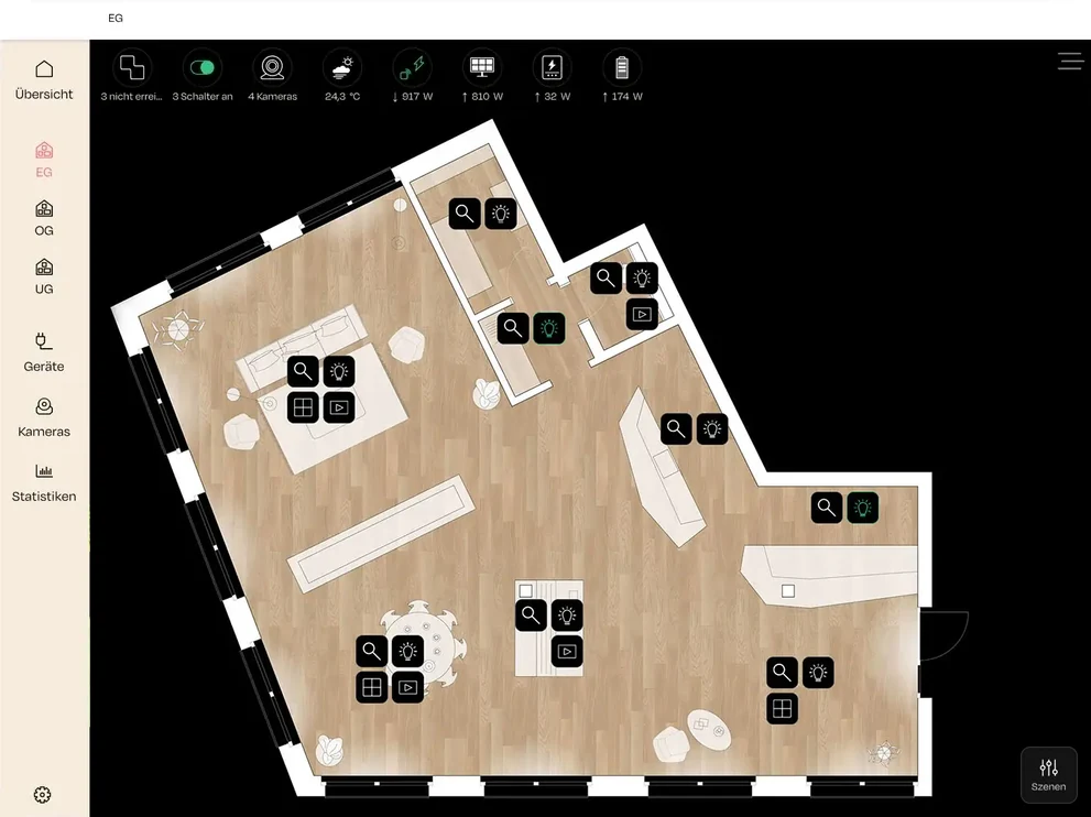 nomos App auf dem Tablet: Grundriss-Visualisierung mit Licht-, Rollladen- und Mediensteuerung