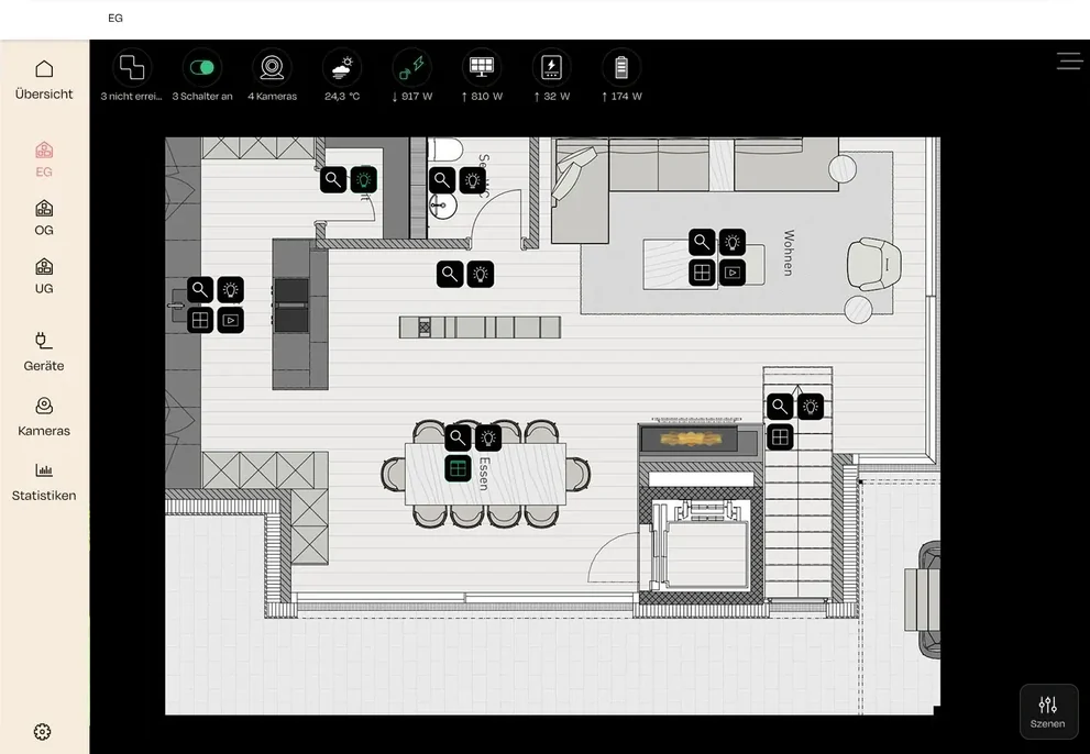 nomos App auf dem Tablet: Grundriss-Visualisierung mit Licht-, Rollladen- und Mediensteuerung