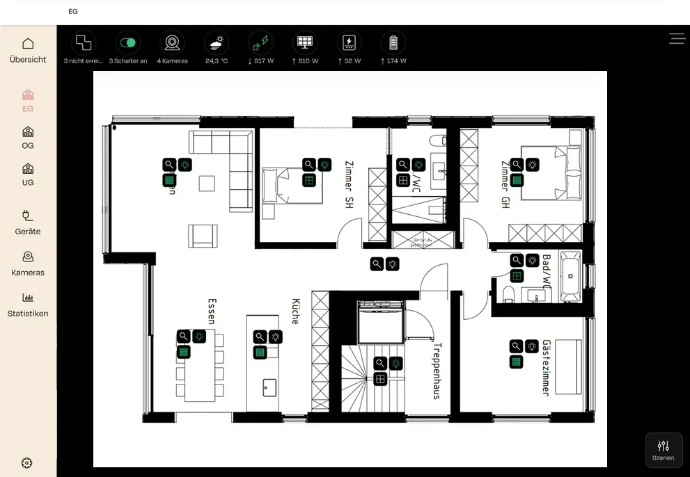 nomos App auf dem Tablet: Grundriss-Visualisierung mit Licht-, Rollladen- und Mediensteuerung