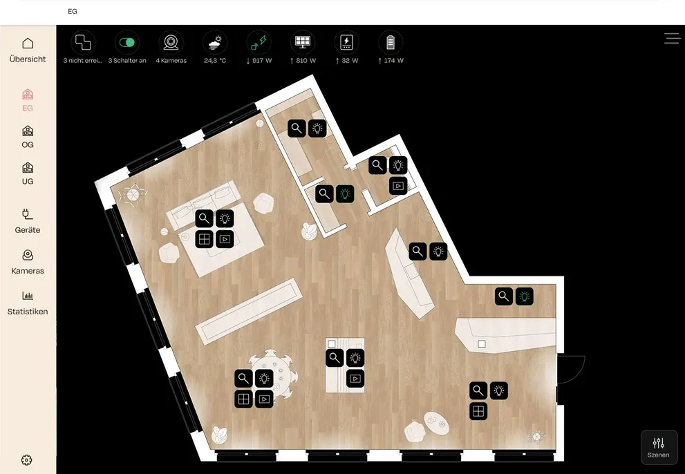 nomos App auf dem Tablet: Grundriss-Visualisierung mit Licht-, Rollladen- und Mediensteuerung
