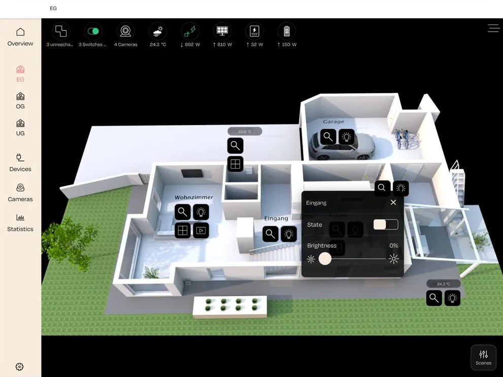 nomos app on a tablet: 3D floor plan with device control