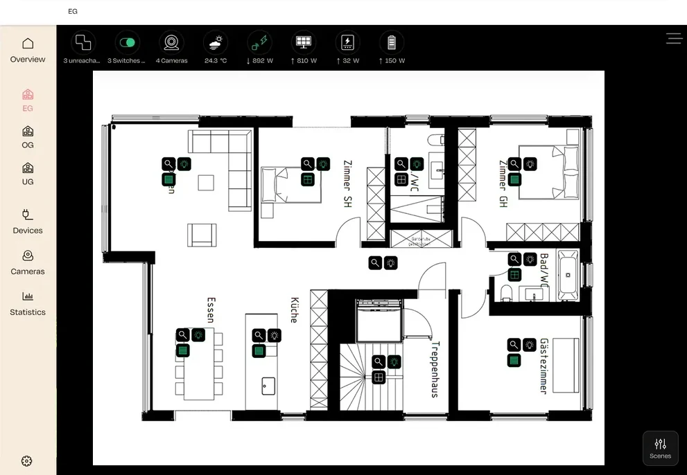nomos app on a tablet: floor plan visualisation with lighting, blinds and media control