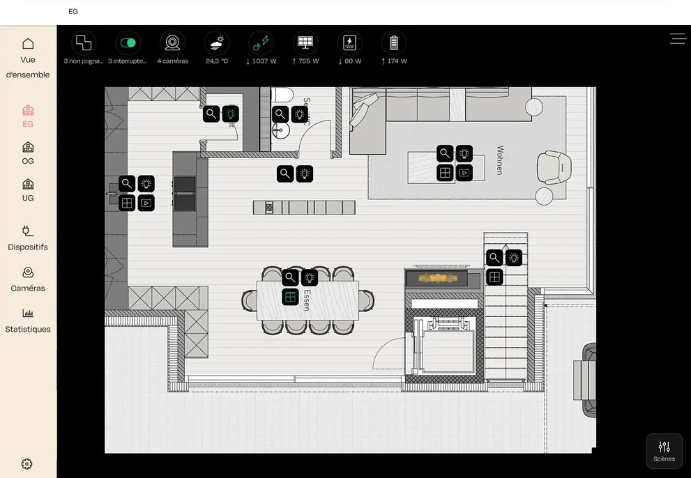 App nomos sur une tablette : visualisation du plan avec éclairage, stores et médias