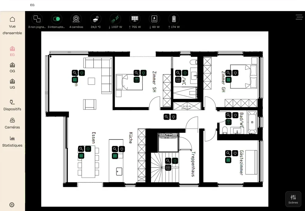 App nomos sur une tablette : visualisation du plan avec éclairage, stores et médias