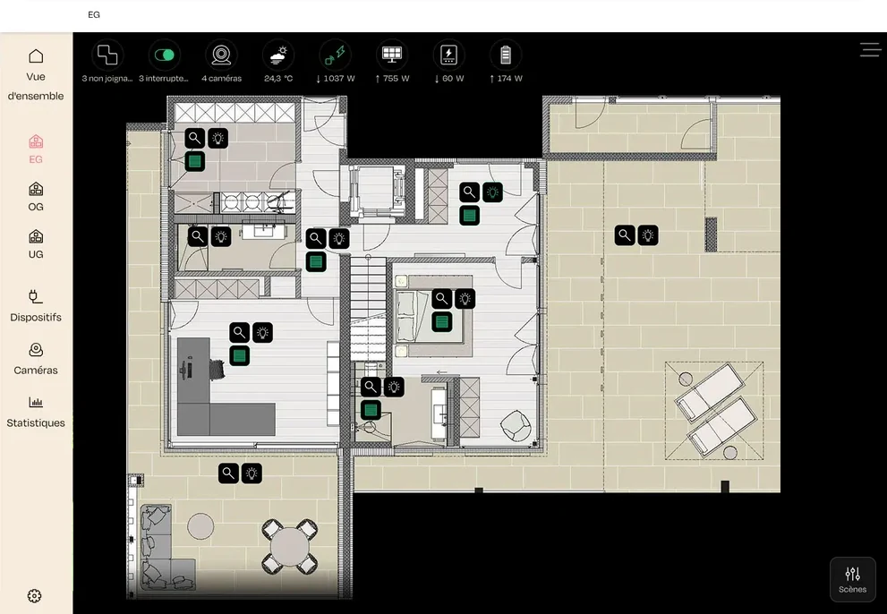 App nomos sur une tablette : visualisation du plan avec éclairage, stores et médias